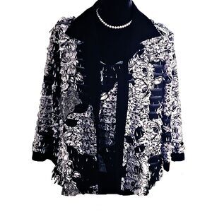 R & M Richards Pleated Black White Floral Faux Layered-Look Jacket Top Size 12P